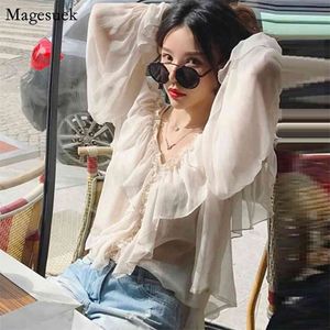 V-hals Sexy See Through Mesh Summer Women Shirts Elegante Chiffon Blouses Flare Sleeve Ruffles Peplum Tops Dames Blusas 13459 210512