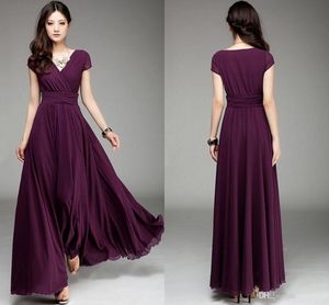 V Neck korte mouw lange chiffon bruidsmeisje jurken met ruche elegant een lijn prom -jurken vloer lengte bruiloft feestjurk