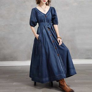 Vestidos sueltos con cuello en V y cintura grande para mujer Vintage Puff manga sin espalda Vestido femenino elegante vendaje 210525