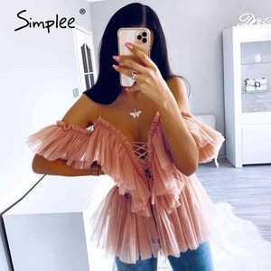 Col en V sangle boho maille blouse chemise femmes à volants manches courtes élégant peplum hauts été à lacets dames sexy blusas 210414