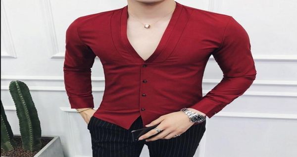 Camisa de vestir con cuello en V para hombre, camisa de moda de otoño 2020 para hombre, camisas informales ajustadas de manga larga lisas en negro, blanco y rojo LJ2009287041211