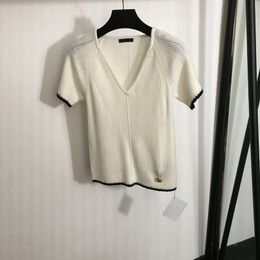 T-shirt col en V pour femmes, haut de luxe en laine, doux au toucher, classique, manches courtes, chemises tricotées