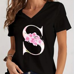 Tops con cuello en V 26 Sakura Alfabeto Camiseta de manga corta Camiseta holgada dulce con letras de flor de cerezo para mujer Camiseta estética de moda Y2k 240228