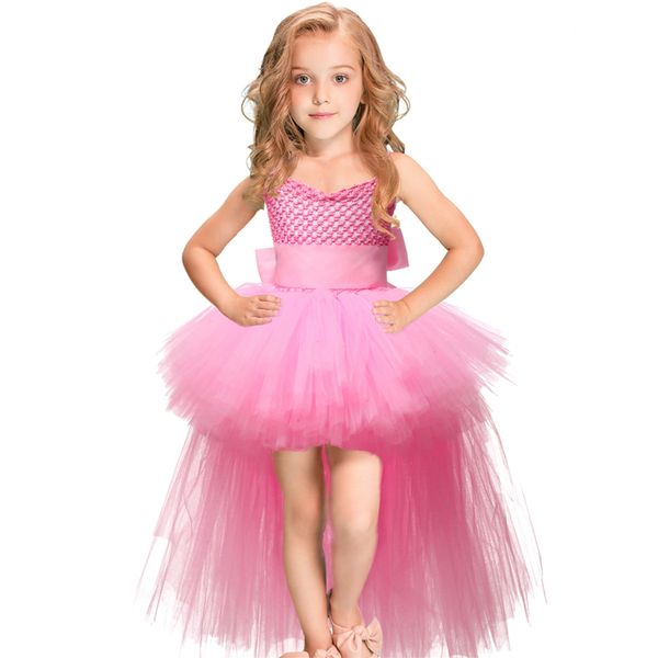 V-Col Train Filles Tutu Robe Tulle Fleur Fille Robes Rose Filles Mariage Pageant Robe De Bal Enfants Fille Anniversaire Robe De Fête 210303