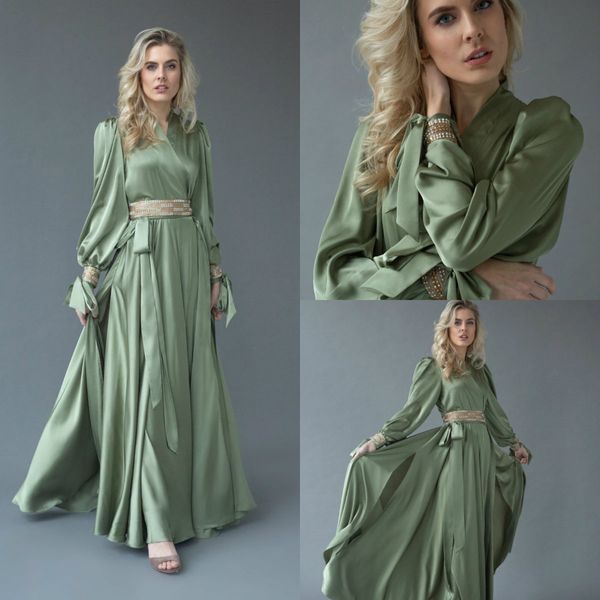 Robes de mariée à col en V manches longues conservatrices paillettes ceinture en satin robe de nuit pour femmes froncé balayage train pyjama transparent sur mesure pas cher