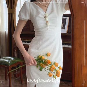 V-hals witte elegante jurk vrouwen korte mouw sexy slanke jurk vrouwelijke avond feestjurk Koreaanse zomer chic 210521