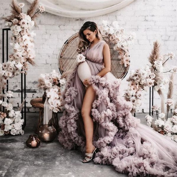 Vestidos de fiesta con cuello en V para mujer, vestidos de fiesta largos y esponjosos con volantes escalonados, vestido de fotografía de maternidad hecho a mano sin mangas con espalda abierta