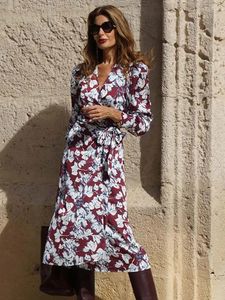 V Neckchic Lace Up Folral Print Maxi Dress Casual Loose V Neck Robe à manches longues 2024 Summer Lady Beach Holiday Elegant Robes 240304