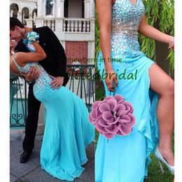 V-hals hoge kant split lange avondjurken sweep vestidos de fiesta arabisch aso ebi prom dress 328 328