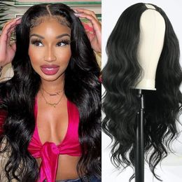 V-deel Pruik Body Wave Synthetische Pruiken voor Vrouwen 24 inch Zwart haar V-deel Pruiken Lijmloze Volledige Hoofd Clip in Half Pruiken Geen weglaten