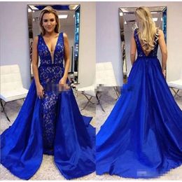 V Royal Neck Deep Sexy Blue Prom Dresses Mermaid met overkruip elastische satijnen kant kralen Backless op maat gemaakte formele avondjurken