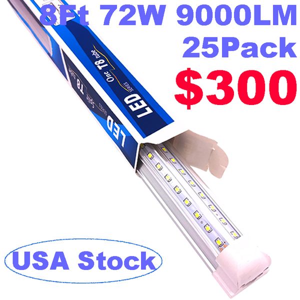 Tubo LED T8 integrado en forma de V 9000MM 8Ft 8Feet Lámpara fluorescente 72W Tubos de luz LED Enfriador Ultra brillante Cubierta transparente 6500K Luces de tienda usastar