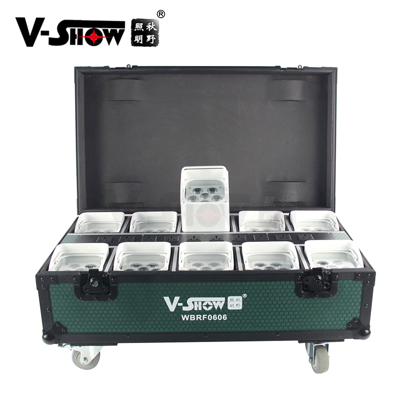 V-Show Akku-Uplight 6 x 18 W RGBWA+UV 6-in-1-LED-Par-Licht, kabellose Batterie, Fernbedienung, 10 Stück, mit Ladeetui