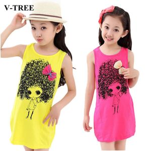 V-Tree Girls Party Jurk Katoen Print Kostuums voor Tieners Meisje Bow Mouwloze Prinses Jurken Kinderkleding Kinderkleding Q0716