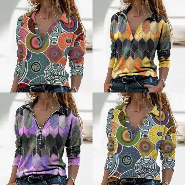 V Femmes Neck Geométrique Print Blouses Vinrage Vinlage Long Sabille lâche Printemps Casual Pullover Lesdies Elegant Tops Plus taille Blusas 210522 Inrage