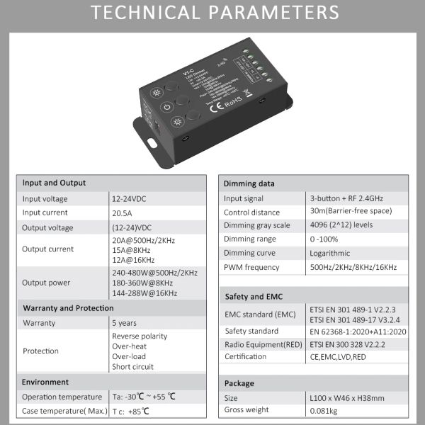V1-C LED DIMMER 12V 24V PWM Frecuencia ajustable 2.4g RF Control remoto Control remoto Luz de tira LED de 12 voltios Dimmer
