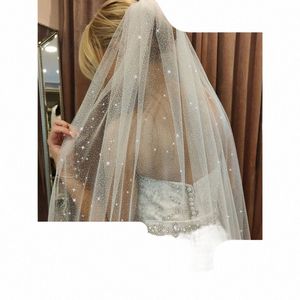 V101 Sparking Bridal Veils Shimmering Wedding Veil met Comb Bing Bling 1 Tier Cut Edge White Champagne Wedding