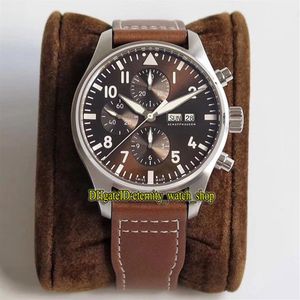 V2 Upgrade -versie ZF Pilot Classic 377713 Brown Dial Eta A7750 Chronograph Automatic Mens Watch Steel Case Leather Stopwatch Spor191B