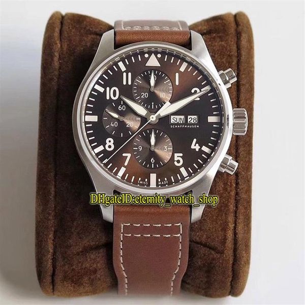 V2 version de mise à niveau ZF Pilot Classic 377713 Brown Dialt ETA A7750 Chronograph Automatic Mens Watch Steel Case en cuir Stophatch Spor265d