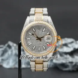 V3 126334 Seagull A2824 Automatic Homme Watch 116333 Diamants pavés marqueurs de bâton à deux tons or jaune entièrement glacés