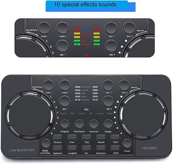 V300 Tarjeta de sonido 10 Efectos de sonido Reducción de ruido Mezcladores de audio Micrófono de auriculares Control de voz para teléfono PC, negro,