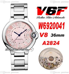 V6F V8 6920041 36mm A2824 Automatische unisex Watch Heren dames roze wijzerplaat zwarte Romeinse markers roestvrijstalen armband dames horloges eta super eiditon puretime e03a1