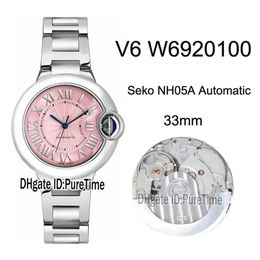 V6F W6920100 Seko NH05A Montre automatique pour femme Boîtier en acier Cadran rose MOP Noir Marqueurs romains Bracelet en acier Édition 33m221Q