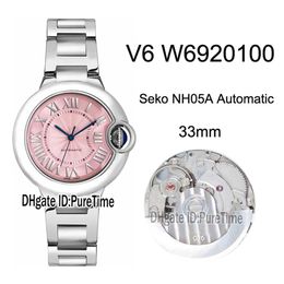 V6F W6920100 Seko NH05A Montre Femme Automatique Boîtier Acier Rose MOP Cadran Noir Marqueurs Romains Bracelet Acier Edition 33m2428