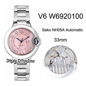 V6F W6920100 Seko NH05A Montre Femme Automatique Boîtier Acier Cadran Rose MOP Noir Marqueurs Romains Bracelet Acier Edition 33m205o