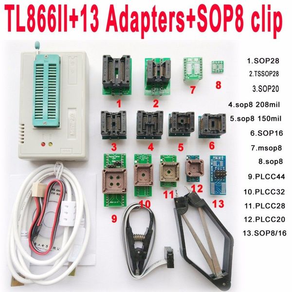 V8.11 TL866II tl866 ii Plus programmeur usb + prise adaptateur 13 + clip SOP8 1.8V nand flash 24 93 25 mcu Bios programme EPROM AVR livraison gratuite