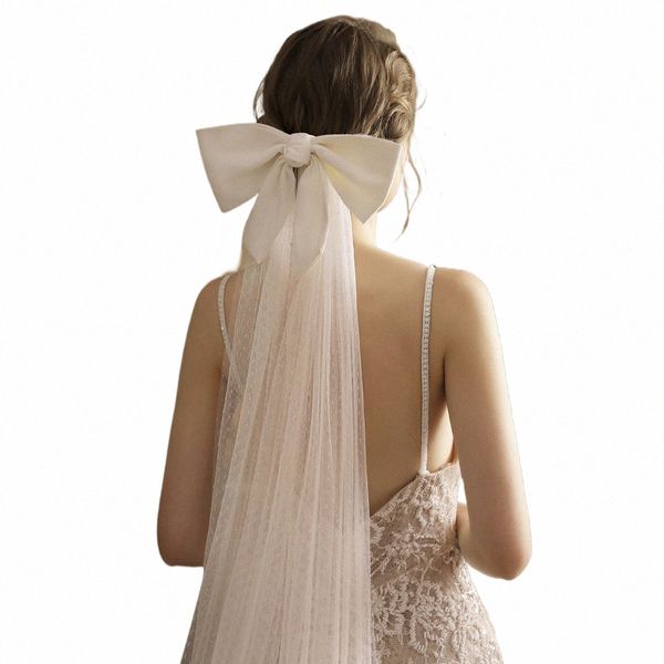 V824 gracieuse chapelle de mariage accessoires de mariée une couche points tulle bord coupé satin arc blanc lg mariée voile avec peigne à cheveux T3FG #