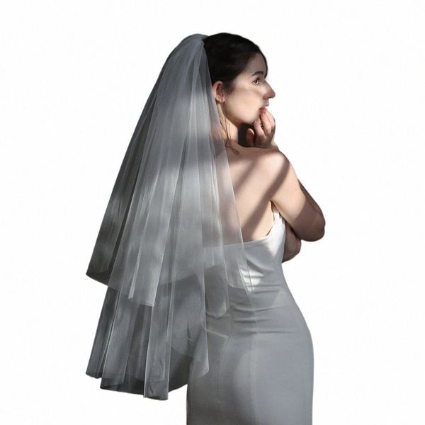 V841 Mariage élégant Voile de mariée à deux couches Plaine Tulle Peigne à cheveux Bord coupé Mariées blanches Voile Femmes Accessoires de mariage H2Xg #