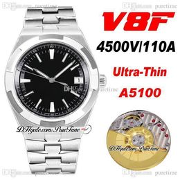 V8F Overseas 4500 V ultradunne A5100 Zelfwikkelen Automatische Herenhorloge 41mm Black Dial Stick Markers Roestvrijstalen Armband Super Edition Horloges Puretime A1