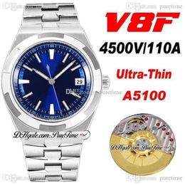 V8F Overseas 4500V Ultradun A5100 Zelfopwindend Automatisch Herenhorloge 41mm Blauwe Wijzerplaat Stick Markers Roestvrij Stalen Armband Super 222s