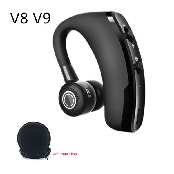 V9 V8 Crochet d'oreille Écouteurs Bluetooth Casque Mains libres Réduction du bruit Casque sans fil Business Drive Appels Écouteurs de sport avec sac à fermeture éclair pour tous les téléphones iPhone LG