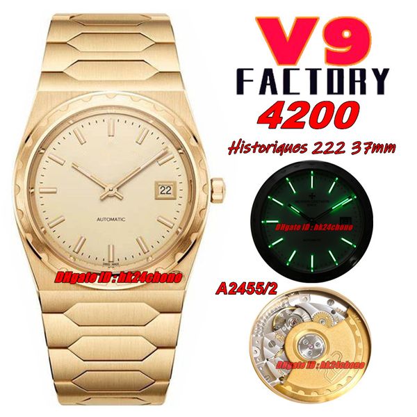 V9f 37 mm Historiques 4200H 222 Jumbo A2455 / 2 Mentide automatique Womens Unisexe Watch Yellow Gold Dial Bracelet en acier inoxydable Gents de bracelets