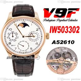 V9F 503302 Calendario perpetuo A52610 Reloj automático para hombre Oro rosa Esfera blanca Fase lunar Reserva de marcha Correa de cuero marrón Super 232j