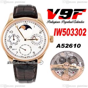 V9F 503302 eeuwigdurende kalender A52610 automatisch herenhorloge roségoud witte wijzerplaat maanfase gangreserve bruin lederen band super 322D