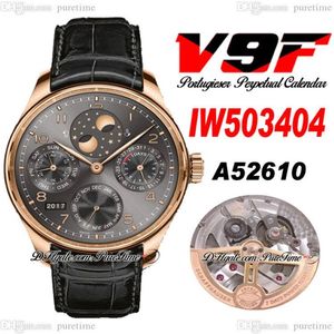 V9F 503404 Calendrier perpétuel A52610 Montre automatique pour homme Or rose Cadran gris Marqueurs numériques Phase de lune Réserve de marche Cuir noir188n