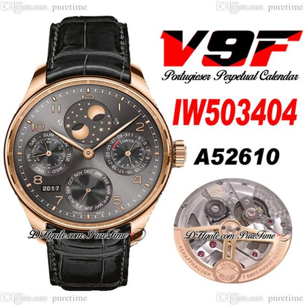 V9F 503404 Calendario perpetuo A52610 Reloj automático para hombre Oro rosa Esfera gris Marcadores de números Fase lunar Reserva de energía Cuero negro 255v