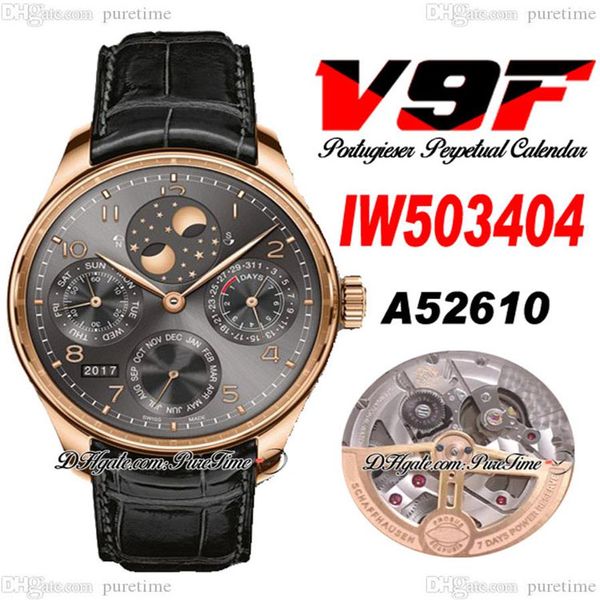 V9F 503404 Calendario perpetuo A52610 Reloj automático para hombre Oro rosa Esfera gris Marcadores de números Fase lunar Reserva de energía Cuero negro2373