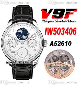 V9F 503406 PERPETUAL KALENDER A52610 Automatische heren Watch stalen kast witte wijzerplaat Maan Fase Power Reserve Zwart Leather Riem Super Edition Puretime F6