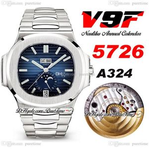 V9F 5726 jaarkalender A324 automatisch herenhorloge D-blauw getextureerde wijzerplaat maanfase roestvrijstalen armband Super Edition Puretime238R