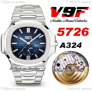 V9F 5726 Calendário Anual A324 Relógio Masculino Automático D-Azul Mostrador Texturizado Fase da Lua Pulseira de Aço Inoxidável Super Edição Puretime282Z