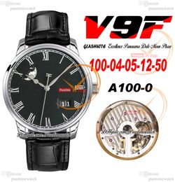 V9F Excellence Panorama Datum Maanfase A100-0 Automatisch herenhorloge Stalen kast Zwarte Romeinse wijzerplaat Leer Super Version Edition Herrenuhr Reloj Hombre Puretime C3