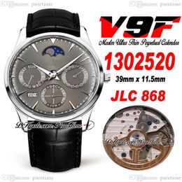 V9f Master Ultra dunne eeuwige kalender A868 Automatische heren Watch Q1302520 Steel Case Gray Dial Moon Fase Lederen Riem Horloges Super 298H