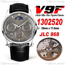 V9f Master Ultra dunne eeuwigdurende kalender A868 Automatische heren Watch Q1302520 Steel Case Gray Dial Moon Fase Lederen Riem horloges 221p