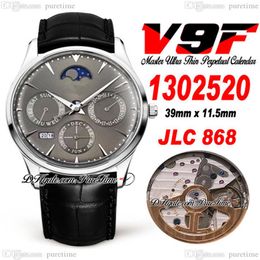 V9F Master ultradunne eeuwigdurende kalender A868 automatisch herenhorloge Q1302520 stalen kast grijze wijzerplaat maanfase lederen band horloges 251T