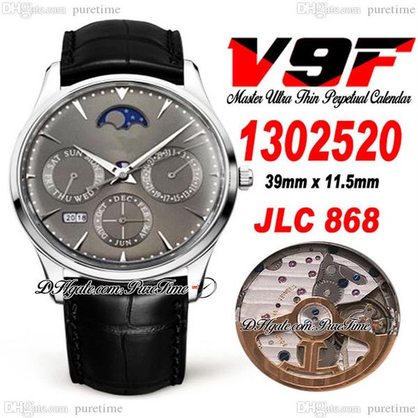 V9F Master Ultra Thin Ewiger Kalender A868 Automatik Herrenuhr Q1302520 Stahlgehäuse Graues Zifferblatt Mondphase Lederarmband Uhren 275l