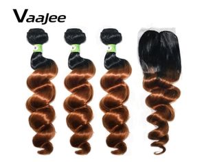 VAAJEE Losse golfbundels met sluiting Synthetisch geweven haar 30 inch Ombre Natuurlijk bruin Extensions Bundels Haar voor zwarte vrouwen 2106159124765